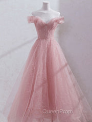 Pink Off Shoulder Tulle Tea Length Evening Prom Dresses, Pink Tulle Evening Dresses