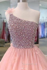 Pink One Shoulder Beads Long Evening Prom Dresses Pink Evening Dresses