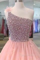 Pink Evening Prom Dresses A Line One Shoulder Long Party Evening Dresses with Beading Ruffles