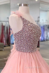 Pink Evening Prom Dresses A Line One Shoulder Long Party Evening Dresses with Beading Ruffles