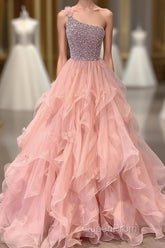 Pink Evening Prom Dresses A Line One Shoulder Long Party Evening Dresses with Beading Ruffles