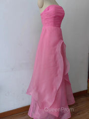Pink Evening Prom Dresses Tulle Evening Gown Strapless Ruffles A-line Simple Evening Prom Dresses For Teens