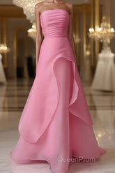Pink Evening Prom Dresses Tulle Evening Gown Strapless Ruffles A-line Simple Evening Prom Dresses For Teens