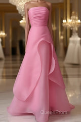 Pink Evening Prom Dresses Tulle Evening Gown Strapless Ruffles A-line Simple Evening Prom Dresses For Teens