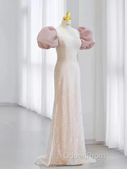 Pink Puffy Sleeves Trumpet Mermaid Sequin Evening Prom Dresses