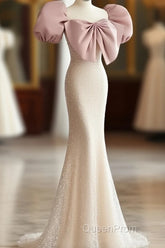 Pink Puffy Sleeves Trumpet Mermaid Sequin Evening Prom Dresses