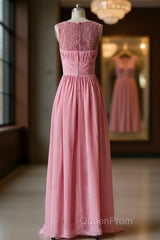 Pink round neck tulle lace long Evening Prom Dresses, pink lace bridesmaid Dresses
