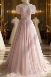 Pink Round Neck Tulle Sequin Long Evening Prom Dresses Formal Dresses Short Sleeves December Wedding Guest Dresses