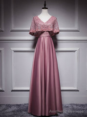 Pink Satin Lace V-neck Bat Pearls Prom Dress