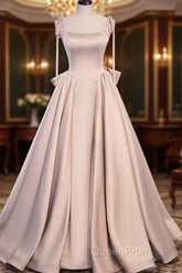 Pink Satin Long A-Line Evening Prom Dresses, Pink Spaghetti Straps Party Dresses With Bow