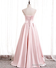 Pink Satin Long Party Dress with Pearls, Floor Length Party Dres Wedding Party Dress