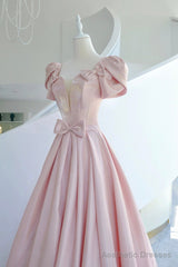 Pink Satin Long Prom Dress, A-Line Evening Dress with Bow