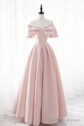 Pink Satin Long Prom Dress, Cute Off Shoulder Evening Dress