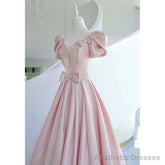 Pink Satin Long Short Sleeves Prom Dress Party Dress, Pink Formal Dress Wedding Party Dress