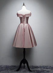 Pink Satin Off Shoulder Lace-up Party Dress, Pink Prom Dress