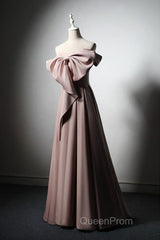 Pink Satin With Bow A-Line Long Evening Prom Dresses, Pink Satin Formal Dresses Party Dresses