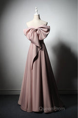 Pink Satin With Bow A-Line Long Evening Prom Dresses, Pink Satin Formal Dresses Party Dresses