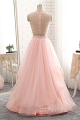 Pink See Through Tulle Beading Strapless Two Piece Evening Prom Dresses