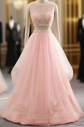 Pink See Through Tulle Beading Strapless Two Piece Evening Prom Dresses