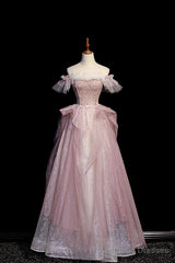 Pink Sequins Long A-Line Prom Dress, Off the Shoulder Evening Party Dress