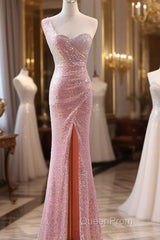 Pink Sequins Mermaid Sweetheart Long Evening Prom Dresses, Pink Sequins Evening Dresses