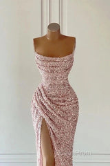 Pink Sequins Sleeveless Evening Dresses With Split