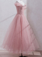 Pink Shiny Tulle Beaded Off Shoulder Long Party Dresses, Pink Tulle Evening Dresses