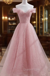Pink Shiny Tulle Beaded Off Shoulder Long Party Dresses, Pink Tulle Evening Dresses