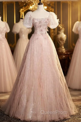Pink Short Sleeves Tulle Sequins Long Party Dresses, Pink Tulle Evening Prom Dresses
