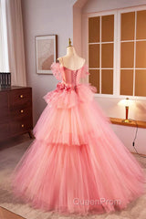 Pink Spaghetti Strap Tulle Long Evening Prom Dresses, Beautiful A-Line Formal Sweet 16 Dresses