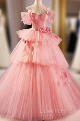 Pink Spaghetti Strap Tulle Long Evening Prom Dresses, Beautiful A-Line Formal Sweet 16 Dresses