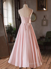 Pink Straps Sweetheart Long Satin Wedding Party Dresses, Pink Formal Dresses Evening Prom Dresses