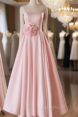 Pink Straps Sweetheart Long Satin Wedding Party Dresses, Pink Formal Dresses Evening Prom Dresses