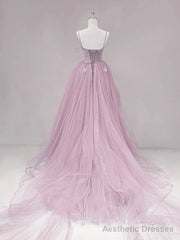 Pink Straps Tulle Chic Long Party Dress Formal Dress, Pink A-line Prom Dress