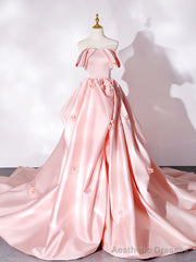 Pink Sweep Train Satin Long Prom Dress, Pink Formal Evening Dresses