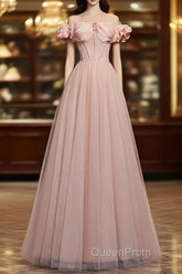 Pink Sweetheart Beaded Tulle Long Evening Prom Dresses, A-Line Pink Evening Dresses