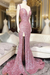 Pink Sweetheart Sequin Mermaid Long Evening Prom Dresses Pink Evening Dresses