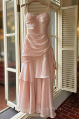 Pink Sweetheart Straps Mermaid Evening Dresses, Pink Satin Long Evening Prom Dresses