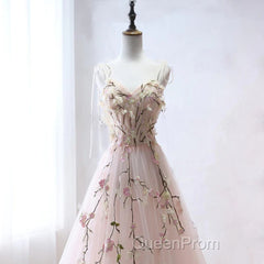 Pink Sweetheart Tulle With Lace Flowers Long Evening Dresses, Pink Tulle Evening Prom Dresses