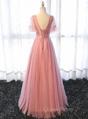 Pink Tulle A-Line Long Party Dresses Bridesmaid Dresses A Line Short Sleeves Floor Length Evening Prom Dresses