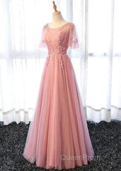 Pink Tulle A-Line Long Party Dresses Bridesmaid Dresses A Line Short Sleeves Floor Length Evening Prom Dresses