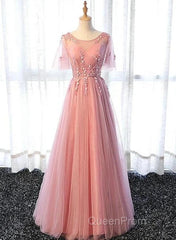 Pink Tulle A-Line Long Party Dresses Bridesmaid Dresses A Line Short Sleeves Floor Length Evening Prom Dresses