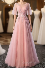 Pink Tulle A-Line Long Party Dresses Bridesmaid Dresses A Line Short Sleeves Floor Length Evening Prom Dresses