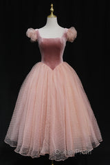 Pink Tulle And Velvet Short Sleeves Party Dresses, Pink Tea Length Formal Dresses