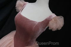 Pink Tulle And Velvet Short Sleeves Party Dresses, Pink Tea Length Formal Dresses