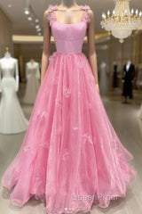 Pink Tulle Applique Long Evening Prom Dresses Pink Formal Dresses
