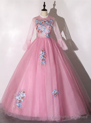 Pink Tulle Appliques Long Sleeve Quinceanera Dress