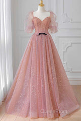 Pink Tulle Beautiful Puffy Sleeves Long Evening Prom Dresses, Pink A-Line Evening Dresses