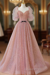 Pink Tulle Beautiful Puffy Sleeves Long Evening Prom Dresses, Pink A-Line Evening Dresses