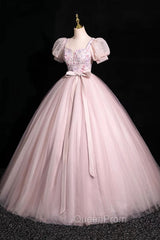 Pink Tulle Floral Floor Length Evening Prom Dresses, A-Line Short Sleeve Evening Dresses